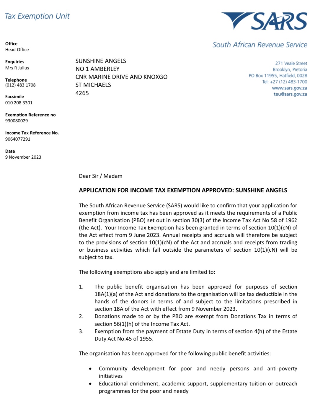 Sunshine Angles Income Tax Exemption